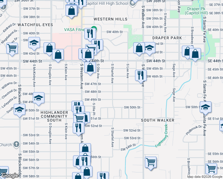 map of restaurants, bars, coffee shops, grocery stores, and more near 640 Southwest 47th Street in Oklahoma City
