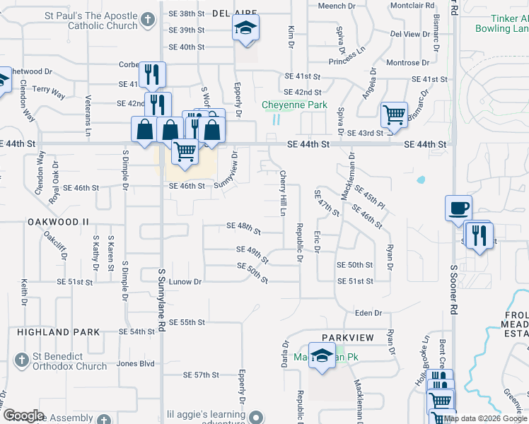 map of restaurants, bars, coffee shops, grocery stores, and more near 4700 Southeast 46th Street in Oklahoma City