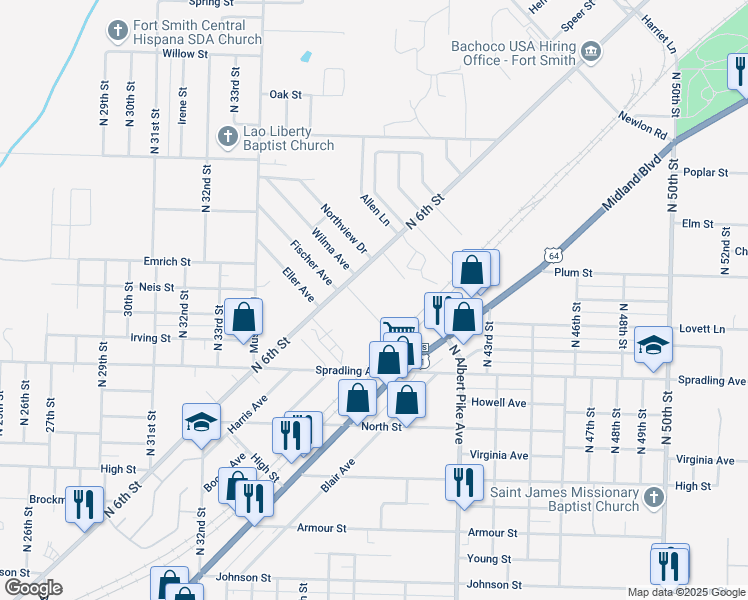 map of restaurants, bars, coffee shops, grocery stores, and more near 4004 North 6th Street in Fort Smith