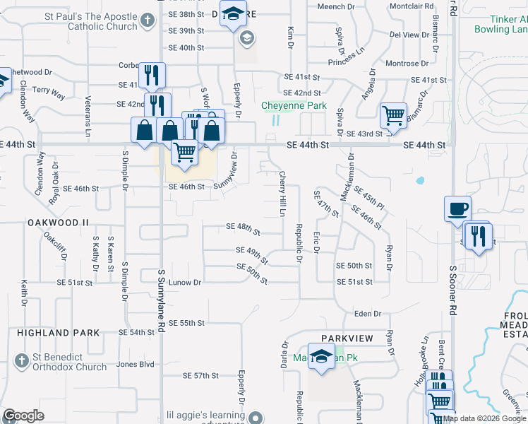 map of restaurants, bars, coffee shops, grocery stores, and more near 4700 Southeast 46th Street in Oklahoma City