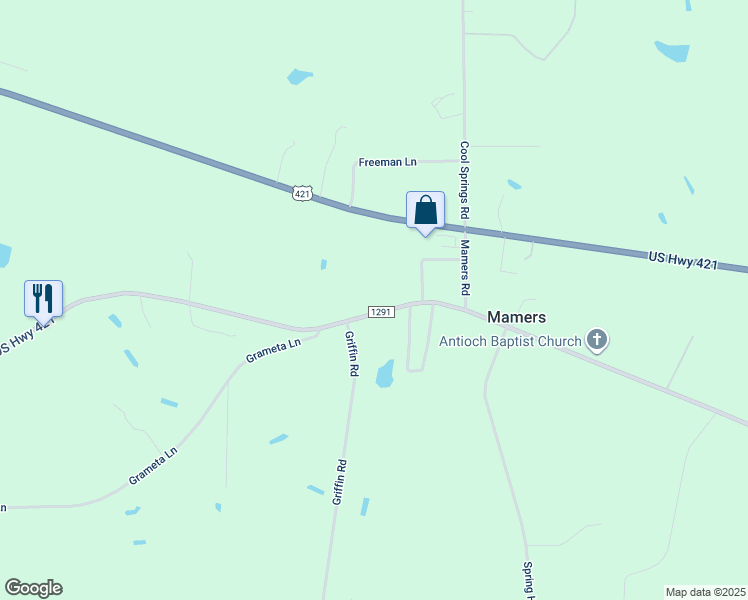 map of restaurants, bars, coffee shops, grocery stores, and more near US Highway 421 in Lillington