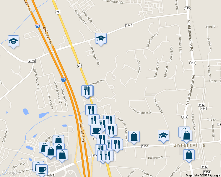 map of restaurants, bars, coffee shops, grocery stores, and more near 300 Hunters Road in Huntersville