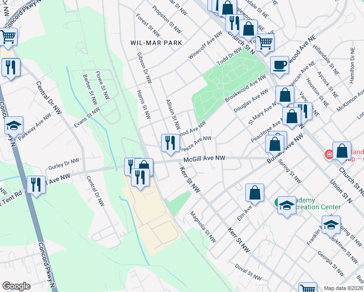 map of restaurants, bars, coffee shops, grocery stores, and more near 474 Allison Street Northwest in Concord