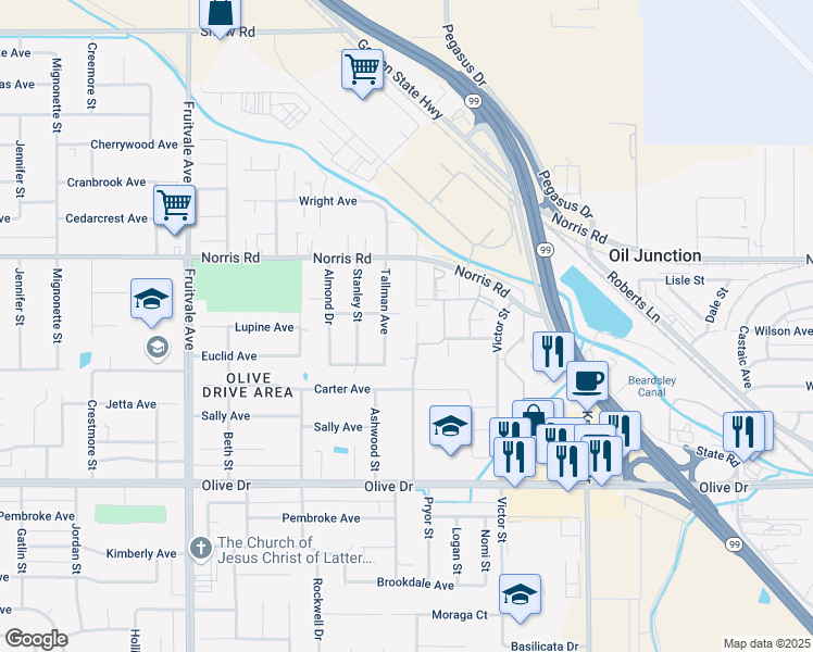 map of restaurants, bars, coffee shops, grocery stores, and more near 6335 Mohawk Street in Bakersfield