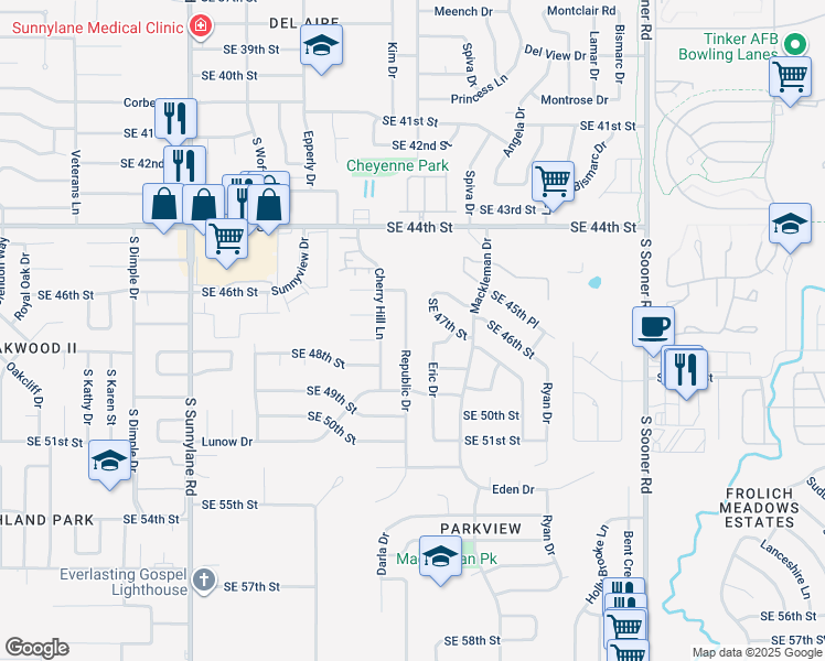 map of restaurants, bars, coffee shops, grocery stores, and more near 4708 Republic Drive in Oklahoma City