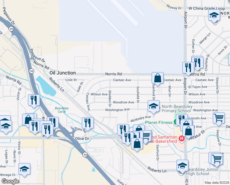 map of restaurants, bars, coffee shops, grocery stores, and more near 1237 El Tejon Avenue in Bakersfield