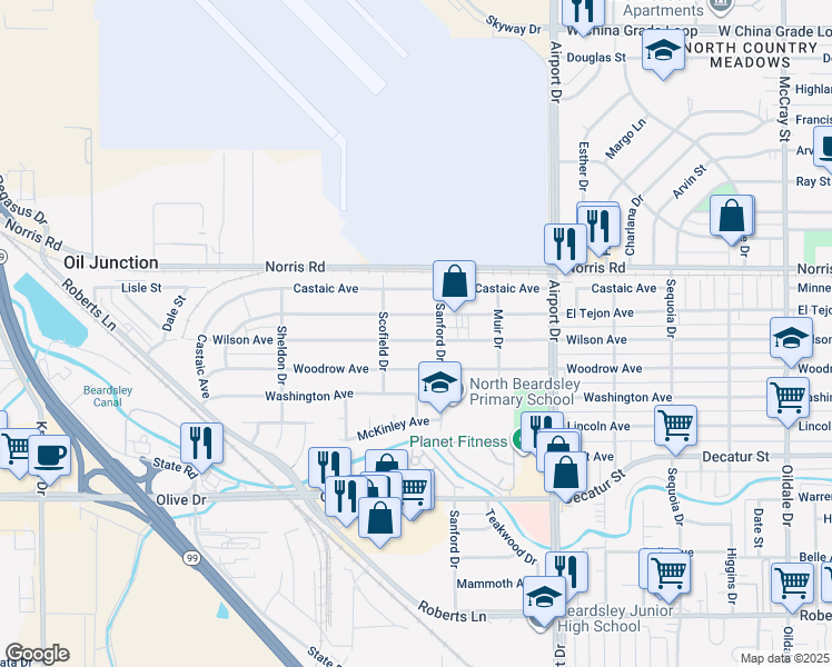 map of restaurants, bars, coffee shops, grocery stores, and more near 1108 Wilson Avenue in Bakersfield