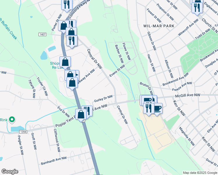 map of restaurants, bars, coffee shops, grocery stores, and more near Violet Cannon Drive Northwest in Concord