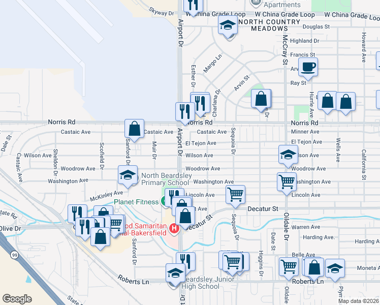 map of restaurants, bars, coffee shops, grocery stores, and more near 812 Wilson Avenue in Bakersfield