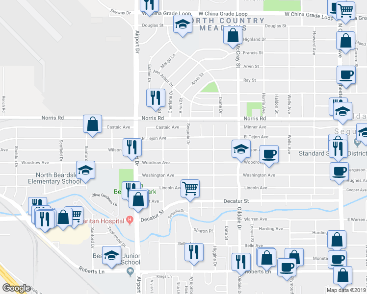 map of restaurants, bars, coffee shops, grocery stores, and more near 707 El Tejon Avenue in Bakersfield