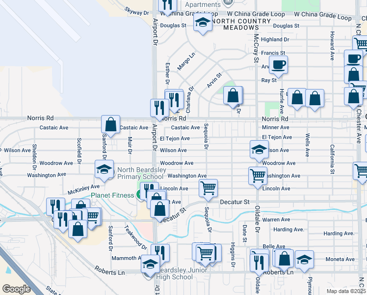 map of restaurants, bars, coffee shops, grocery stores, and more near 803 El Tejon Avenue in Bakersfield