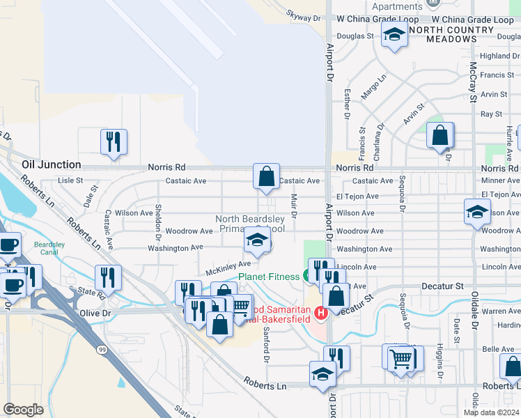 map of restaurants, bars, coffee shops, grocery stores, and more near 1021 El Tejon Avenue in Bakersfield