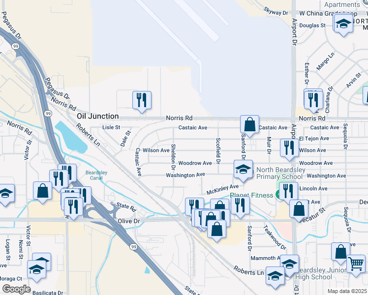 map of restaurants, bars, coffee shops, grocery stores, and more near 1237 El Tejon Avenue in Bakersfield