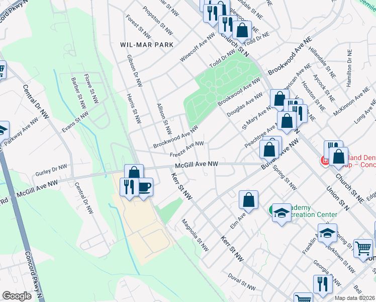 map of restaurants, bars, coffee shops, grocery stores, and more near 445 Saint James Street Northwest in Concord