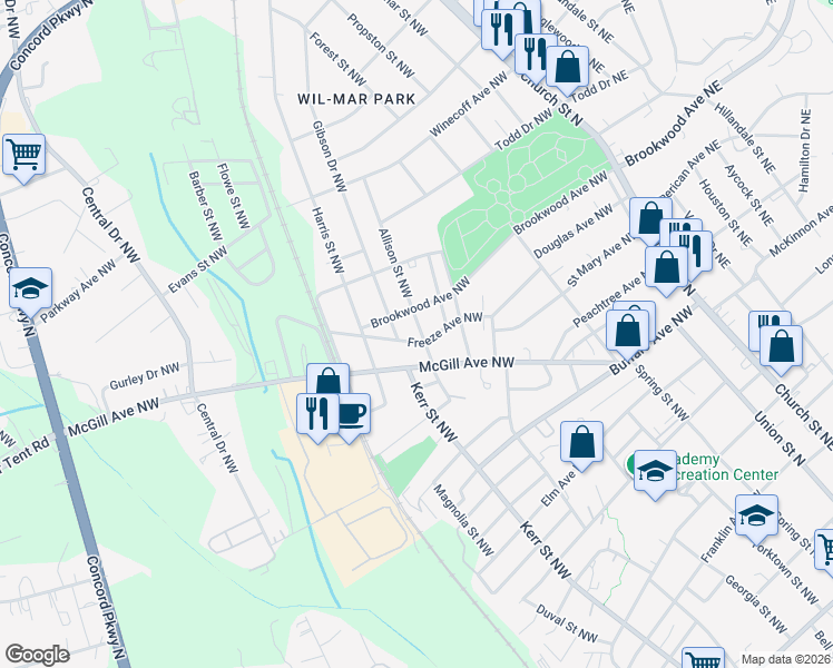 map of restaurants, bars, coffee shops, grocery stores, and more near 474 Allison Street Northwest in Concord