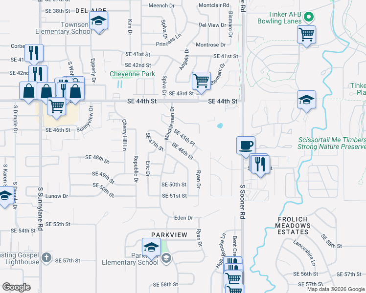 map of restaurants, bars, coffee shops, grocery stores, and more near 5109 Southeast 46th Street in Oklahoma City