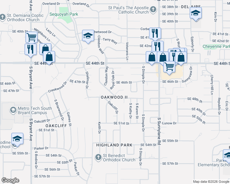 map of restaurants, bars, coffee shops, grocery stores, and more near 4716 Royal Oak Drive in Oklahoma City