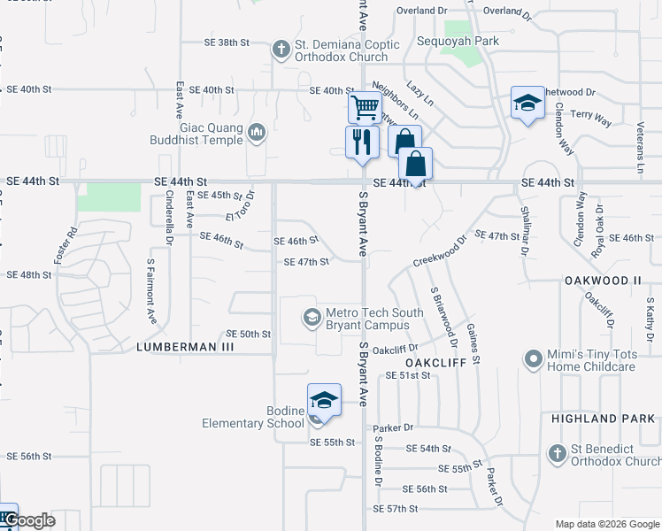 map of restaurants, bars, coffee shops, grocery stores, and more near 2905 Southeast 47th Street in Oklahoma City