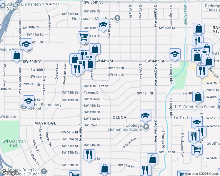 map of restaurants, bars, coffee shops, grocery stores, and more near 2717 Southwest 46th Terrace in Oklahoma City