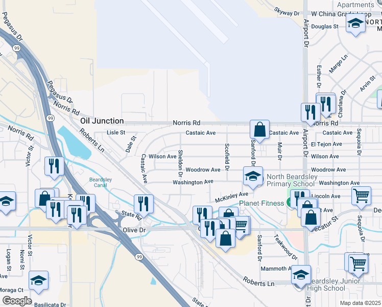 map of restaurants, bars, coffee shops, grocery stores, and more near 1237 El Tejon Avenue in Bakersfield