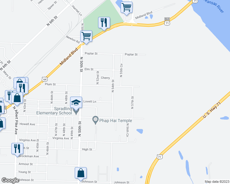 map of restaurants, bars, coffee shops, grocery stores, and more near 4004 North 54th Street in Fort Smith