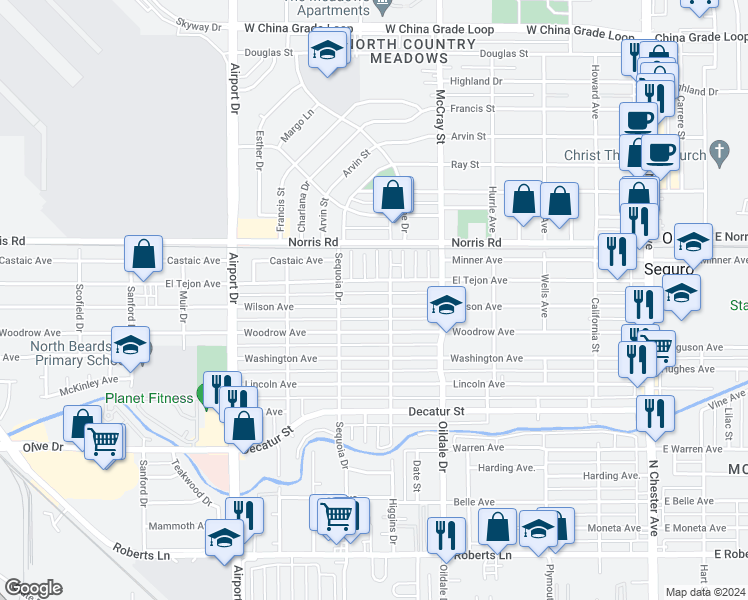 map of restaurants, bars, coffee shops, grocery stores, and more near 606 Wilson Avenue in Bakersfield