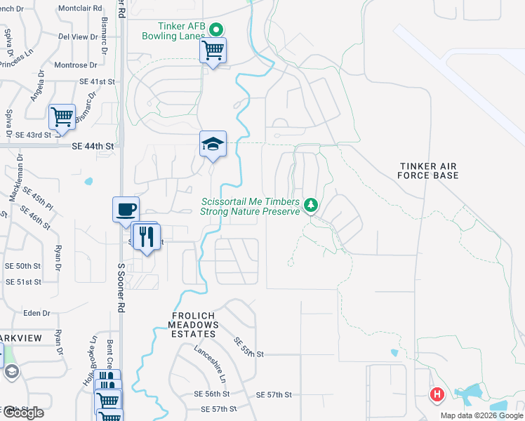 map of restaurants, bars, coffee shops, grocery stores, and more near 6223 Southeast 46th Street in Oklahoma City