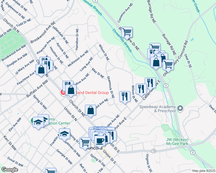 map of restaurants, bars, coffee shops, grocery stores, and more near 115 Shamrock Street Northeast in Concord