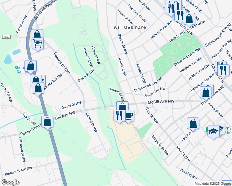 map of restaurants, bars, coffee shops, grocery stores, and more near 618 Bruton Drive Northwest in Concord