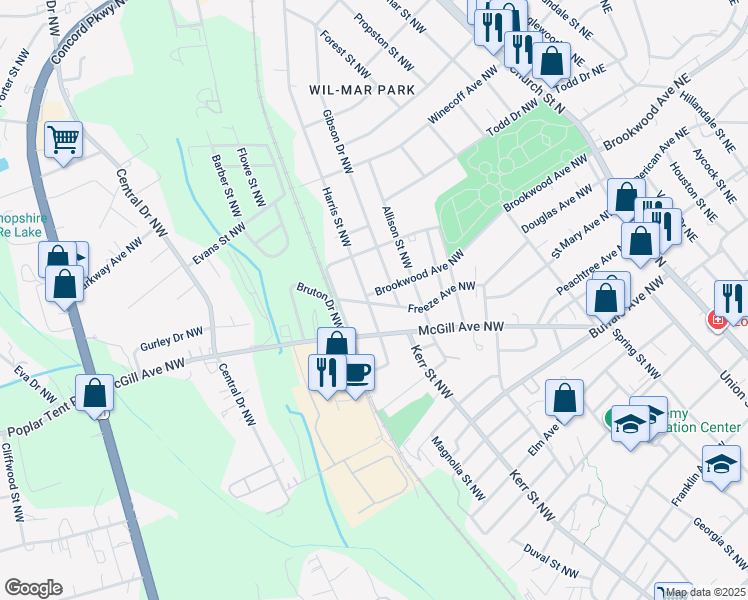 map of restaurants, bars, coffee shops, grocery stores, and more near 255 Brookwood Avenue Northwest in Concord