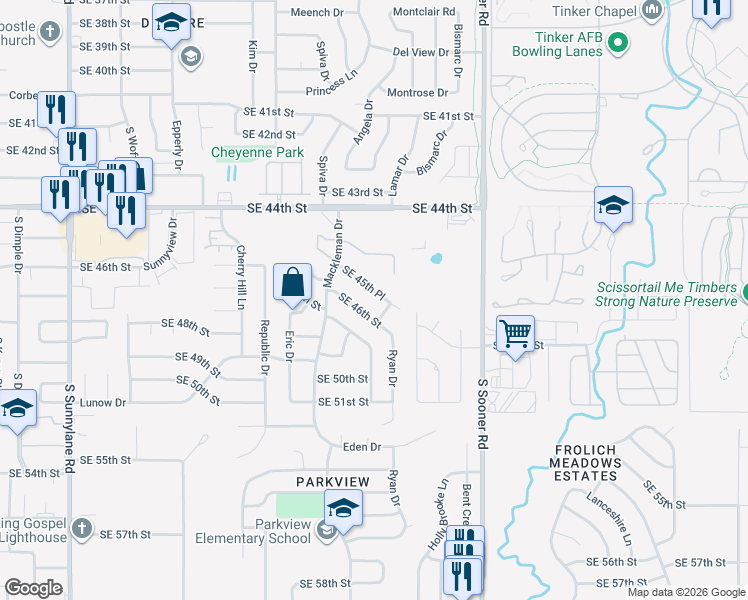 map of restaurants, bars, coffee shops, grocery stores, and more near 5205 Southeast 45th Place in Oklahoma City