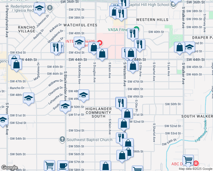 map of restaurants, bars, coffee shops, grocery stores, and more near 1009 Southwest 47th Street in Oklahoma City
