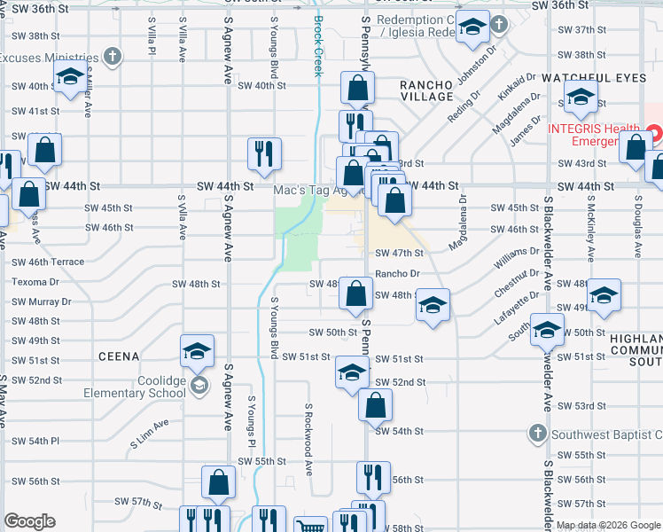 map of restaurants, bars, coffee shops, grocery stores, and more near 2131 Southwest 47th Street in Oklahoma City