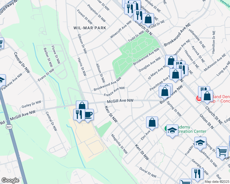 map of restaurants, bars, coffee shops, grocery stores, and more near 445 Saint James Street Northwest in Concord