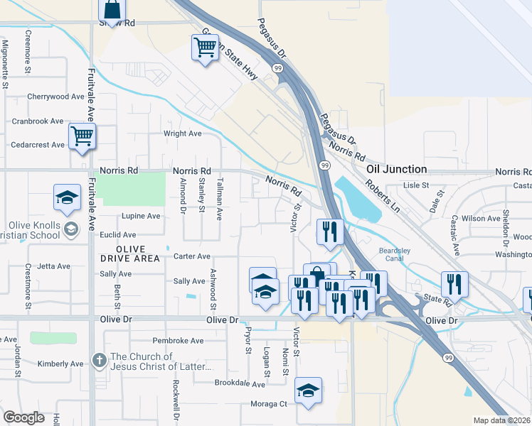 map of restaurants, bars, coffee shops, grocery stores, and more near 6300 Summerset Way in Bakersfield