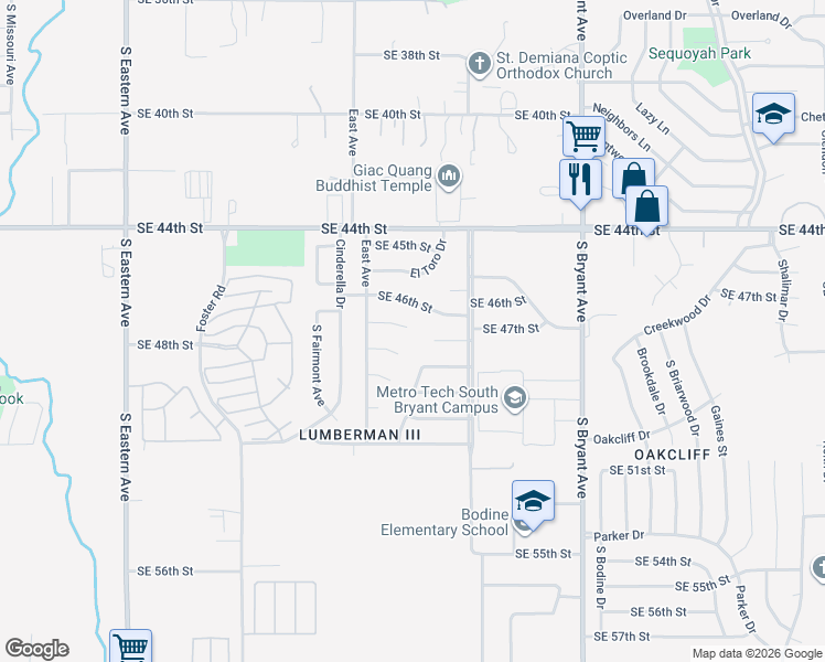 map of restaurants, bars, coffee shops, grocery stores, and more near 2620 Southeast 46th Street in Oklahoma City