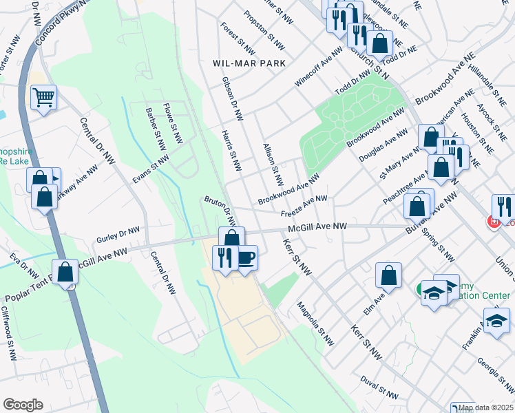map of restaurants, bars, coffee shops, grocery stores, and more near 255 Brookwood Avenue Northwest in Concord