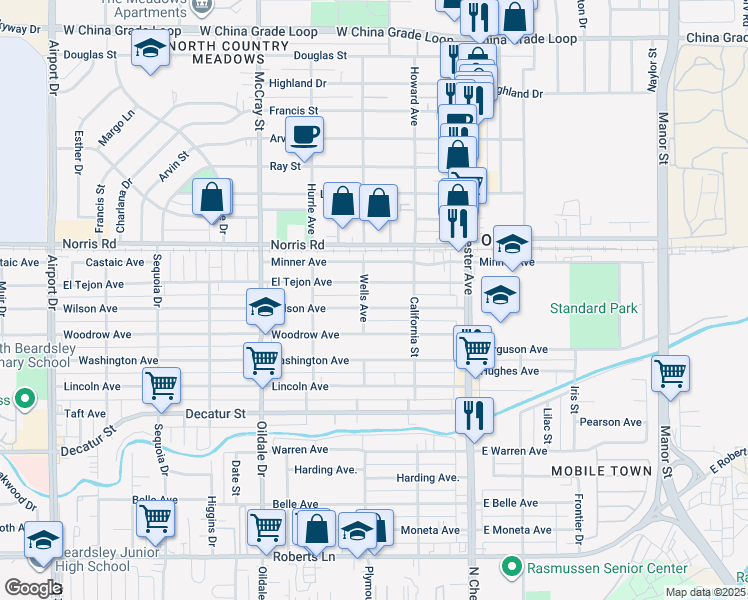 map of restaurants, bars, coffee shops, grocery stores, and more near 217 El Tejon Avenue in Bakersfield
