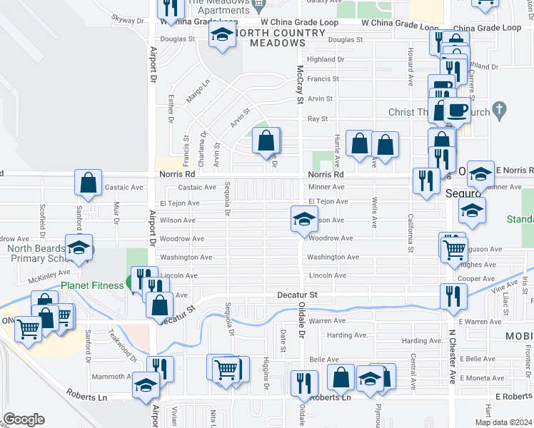 map of restaurants, bars, coffee shops, grocery stores, and more near 601 El Tejon Avenue in Bakersfield