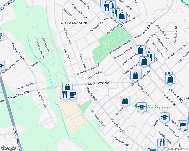 map of restaurants, bars, coffee shops, grocery stores, and more near 445 Saint James Street Northwest in Concord