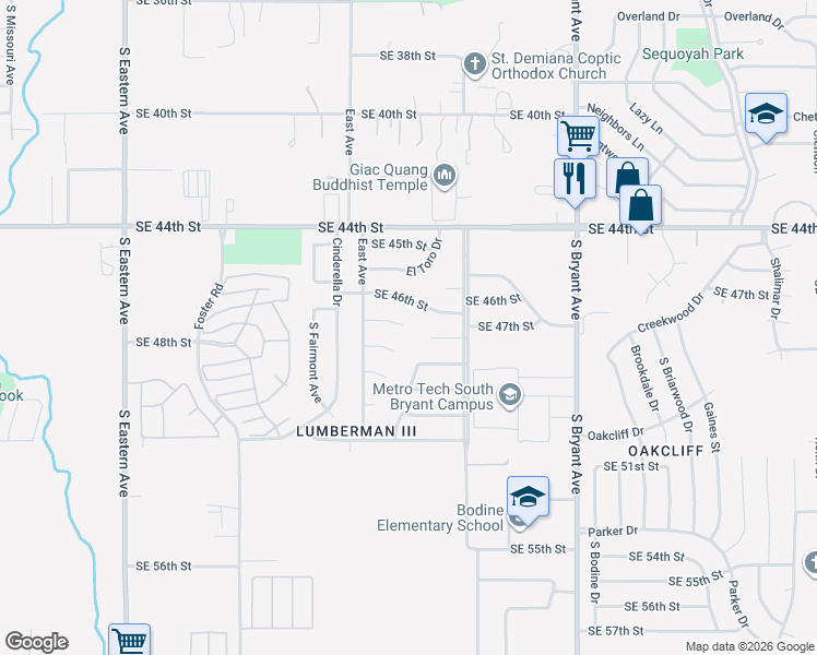 map of restaurants, bars, coffee shops, grocery stores, and more near 2620 Southeast 46th Street in Oklahoma City