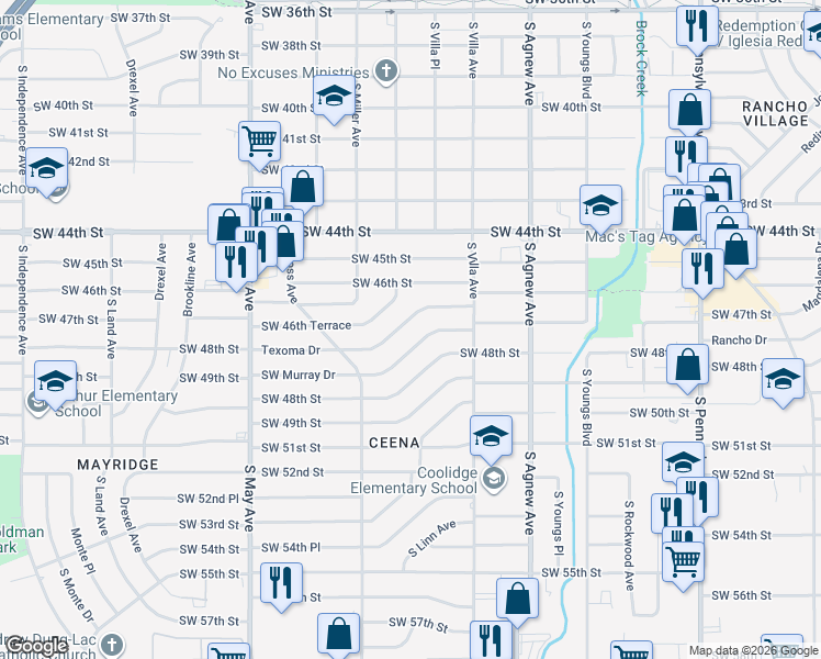 map of restaurants, bars, coffee shops, grocery stores, and more near 2628 Southwest 46th Terrace in Oklahoma City