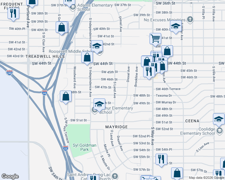 map of restaurants, bars, coffee shops, grocery stores, and more near 3221 Southwest 47th Street in Oklahoma City