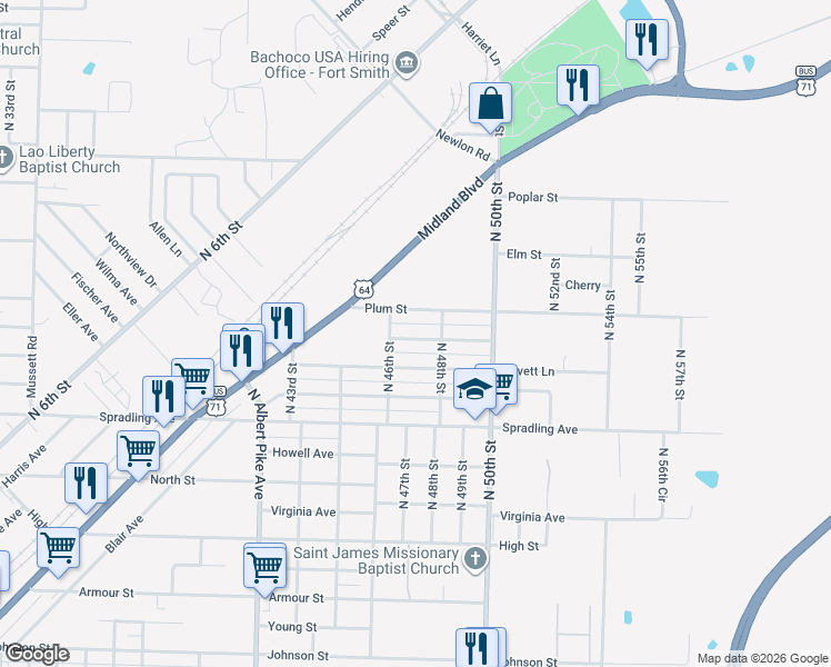map of restaurants, bars, coffee shops, grocery stores, and more near 4703 Arlington Avenue in Fort Smith