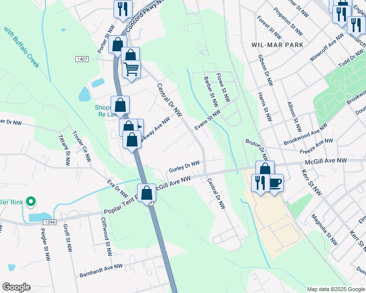 map of restaurants, bars, coffee shops, grocery stores, and more near Violet Cannon Drive Northwest in Concord