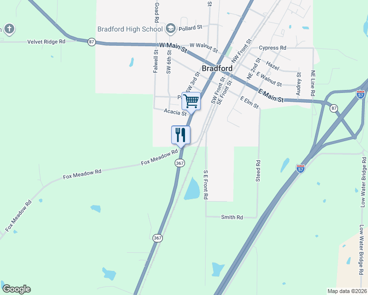 map of restaurants, bars, coffee shops, grocery stores, and more near 5180 Arkansas 367 in Bradford