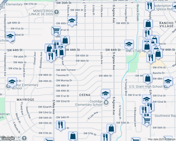 map of restaurants, bars, coffee shops, grocery stores, and more near 2628 Southwest 46th Terrace in Oklahoma City