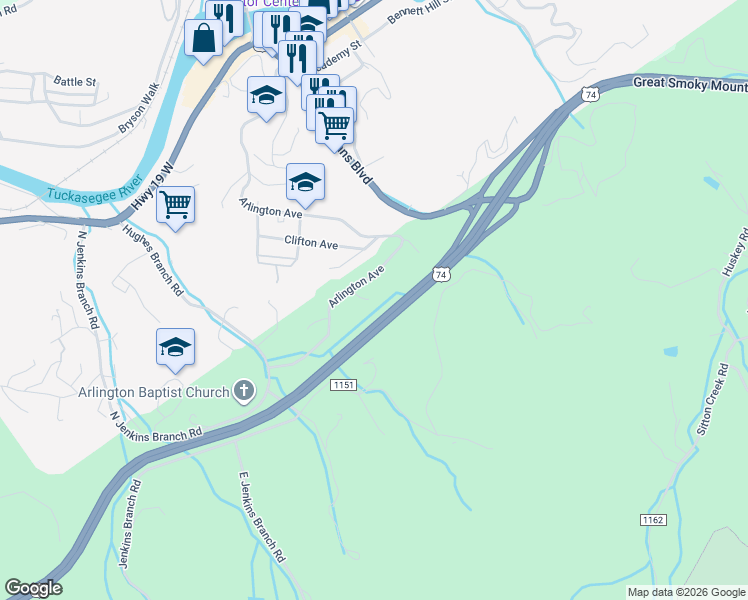 map of restaurants, bars, coffee shops, grocery stores, and more near 60 Gibby Road in Bryson City