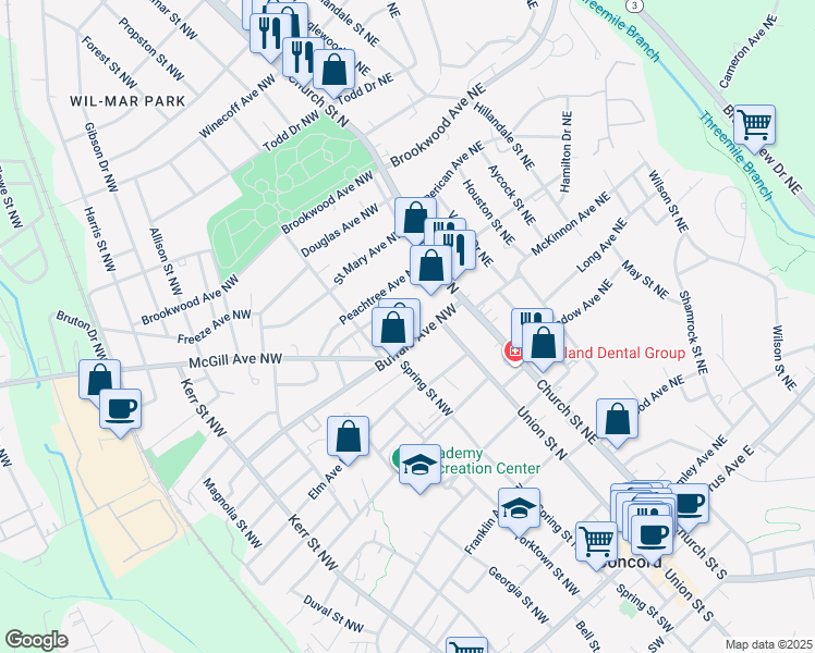 map of restaurants, bars, coffee shops, grocery stores, and more near 1 Buffalo Avenue Northwest in Concord