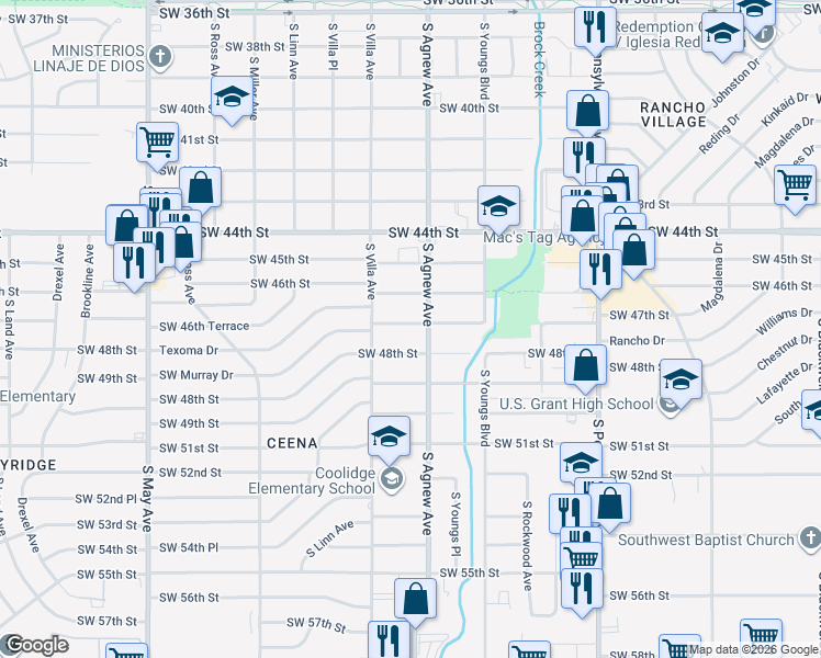 map of restaurants, bars, coffee shops, grocery stores, and more near 2417 Southwest 47th Street in Oklahoma City